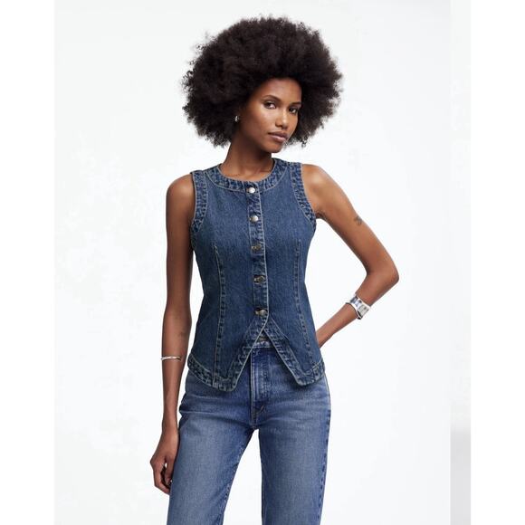 Madewell Jackets & Blazers - Madewell Denim Harlow Jean Vest Womens 0 Blue Button Front Crew Neck Cotton